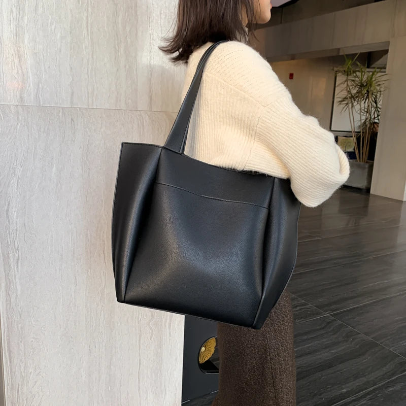 High Quality Soft Leather Woman Casual Tote Shopper Solid Color Handbags Large Capacity Single Shoulder Bag with Outer Pocket