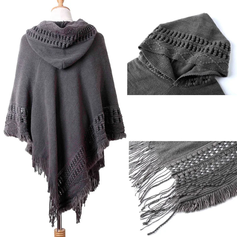 New Women Ladies Tassel Cape Coat Fringe Poncho Oblique Stripe Coat Bohemian Shawl Scarf