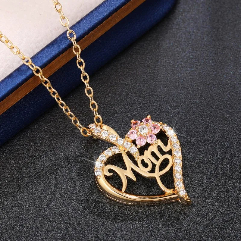 Mother's Day Necklace for Mom Luxury Trendy Craved Pendant Necklace Pink Flower Aesthetic Neck Accessories Love Jewelry