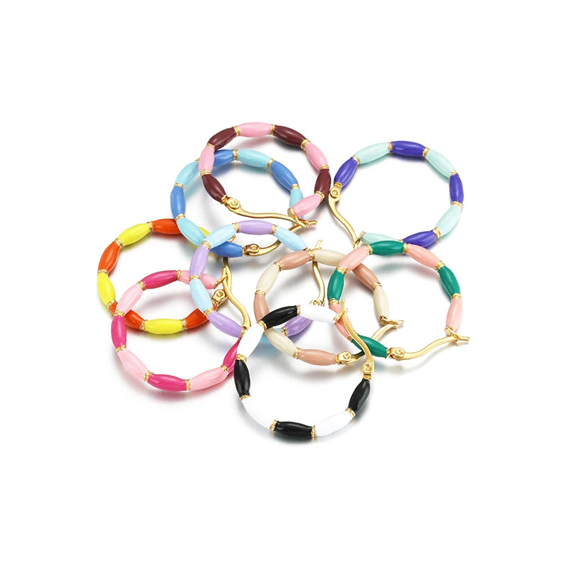 1 Pair Summer Candy Color Enamel Stainless Steel Big Hoop Earrings Sweet Bamboo Huggie Earring Hip Hop Jewelry Gifts for Women