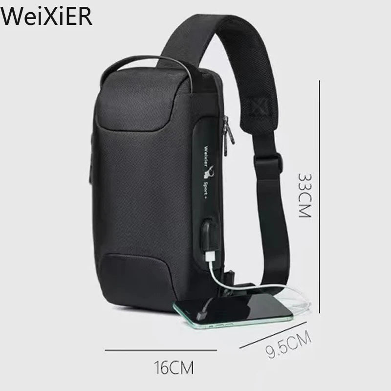 WEIXIER NEW Shoulder Bag for Men Waterproof USB Crossbody Bag Anti-Theft Short Travel Messenger Sling Fashion Designer Chest Bag