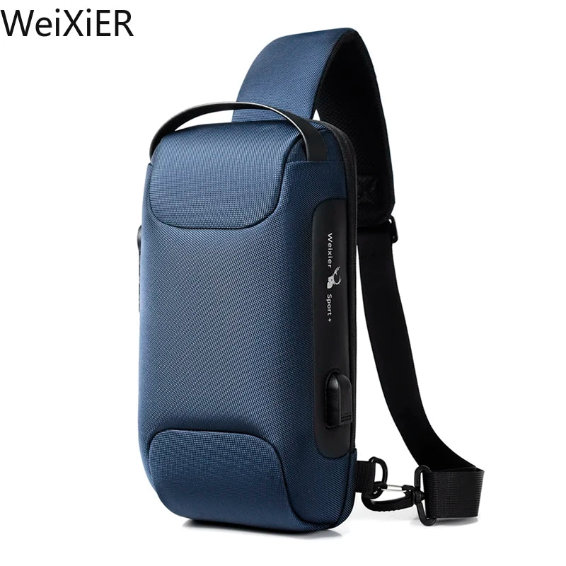 WEIXIER NEW Shoulder Bag for Men Waterproof USB Crossbody Bag Anti-Theft Short Travel Messenger Sling Fashion Designer Chest Bag