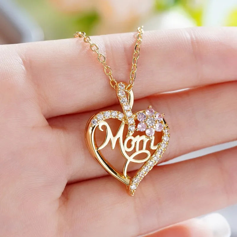 Mother's Day Necklace for Mom Luxury Trendy Craved Pendant Necklace Pink Flower Aesthetic Neck Accessories Love Jewelry