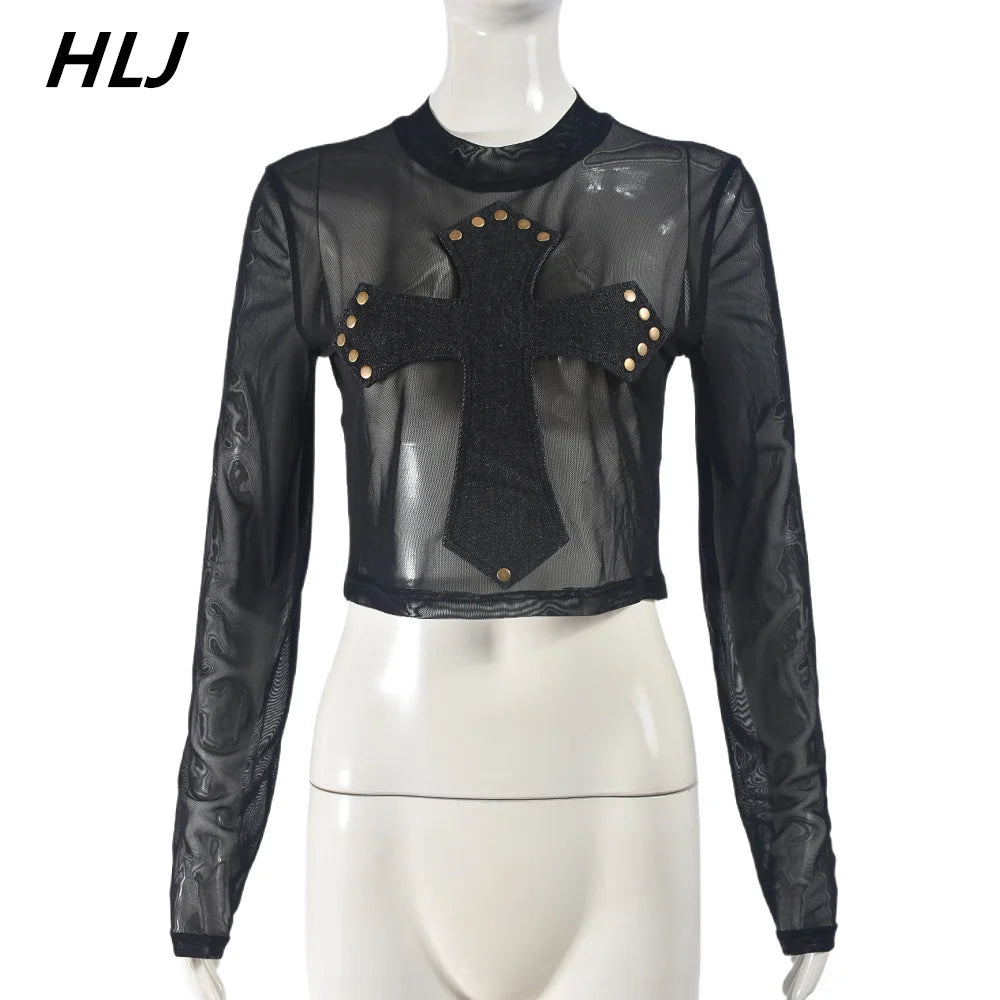 Black Sexy New Mesh Embroidery Perspective Two Piece Sets Women Round Neck Long Sleeve Slim Crop Top And Mini Skirts Outfits