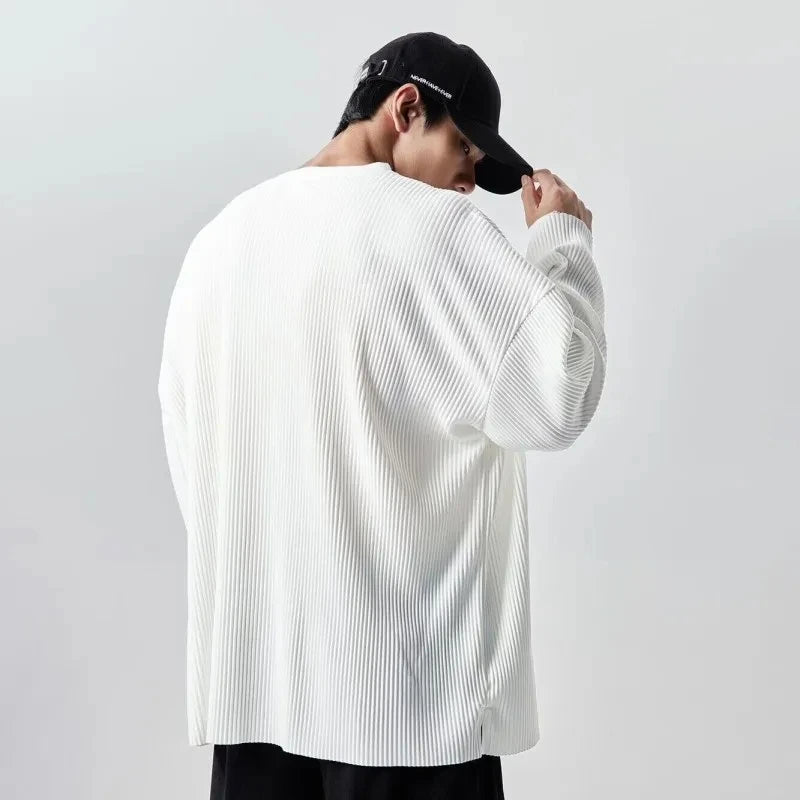 2024 Spring White V-Neck Pleated Stripe T-Shirt Men Large Size Silky Soft Long Sleeved T-Shirt Summer Loose Bottomed Shirt