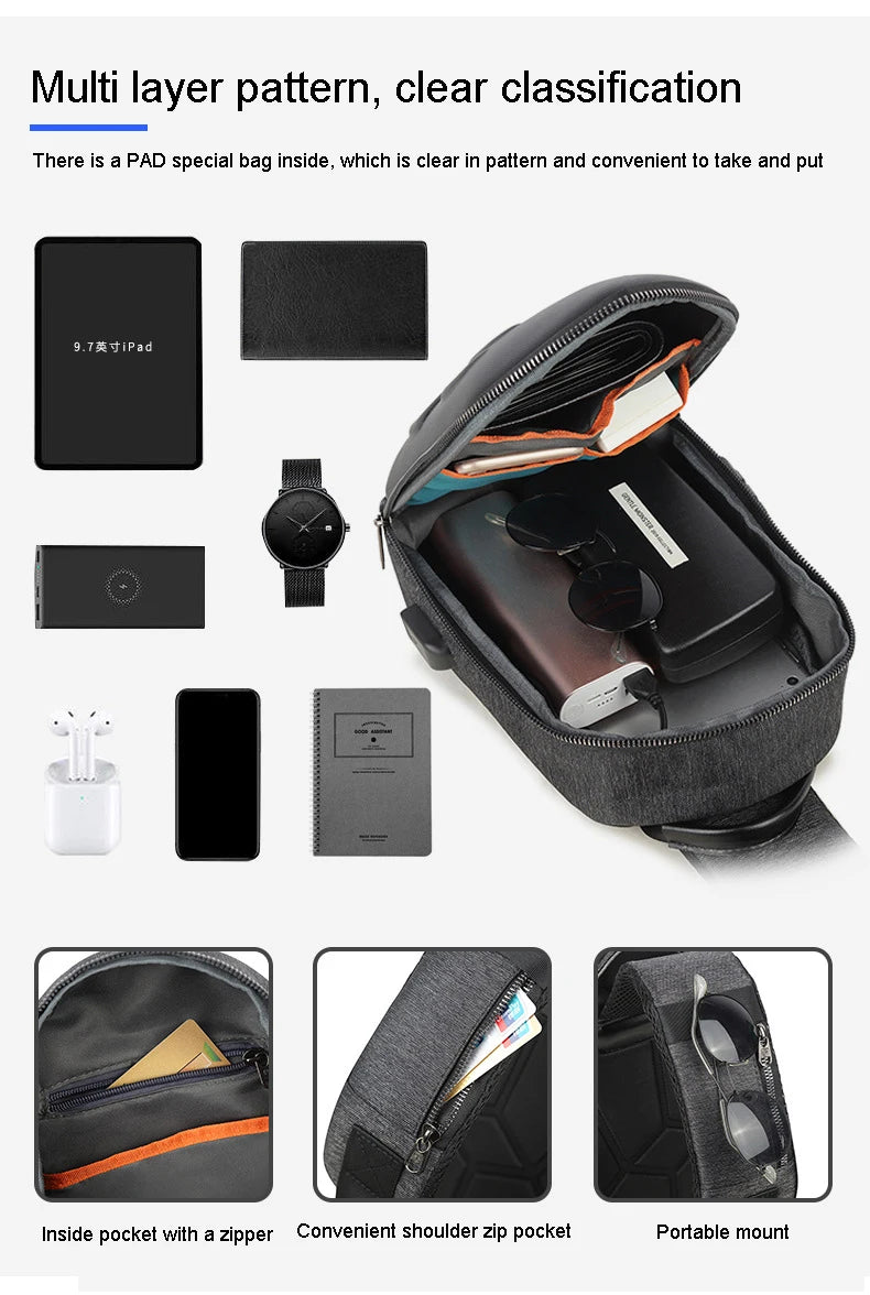 Running Chest Bag for Men USB Charging Fashion Streetwear Sling Pack Crossbody Motor Cycling Backpack for College Student Unisex