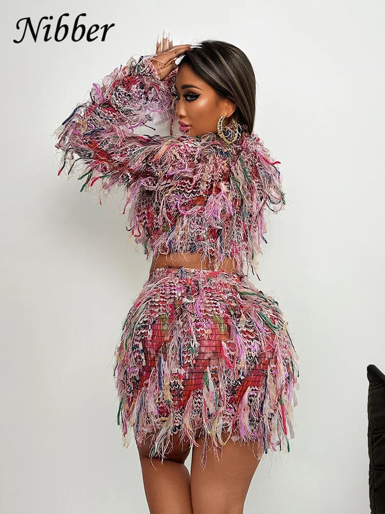 Sexy Crochet 2 Piece Set Women Y2K Colorful Tassel Long Sleeve Crop Tops+Peach Hip Skirts Midnight Matching Clubwear Suit