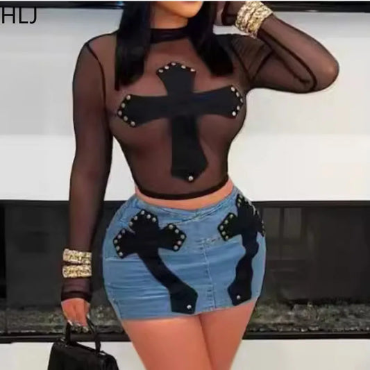 Black Sexy New Mesh Embroidery Perspective Two Piece Sets Women Round Neck Long Sleeve Slim Crop Top And Mini Skirts Outfits