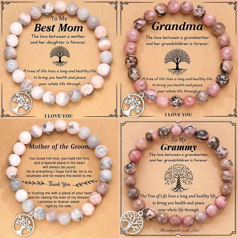 Natural Stone Bracelets for Nana Grandma Mothers'Day Birthday Valentine's Day Gifts for Mom Warm Message Card Tree of life Gift