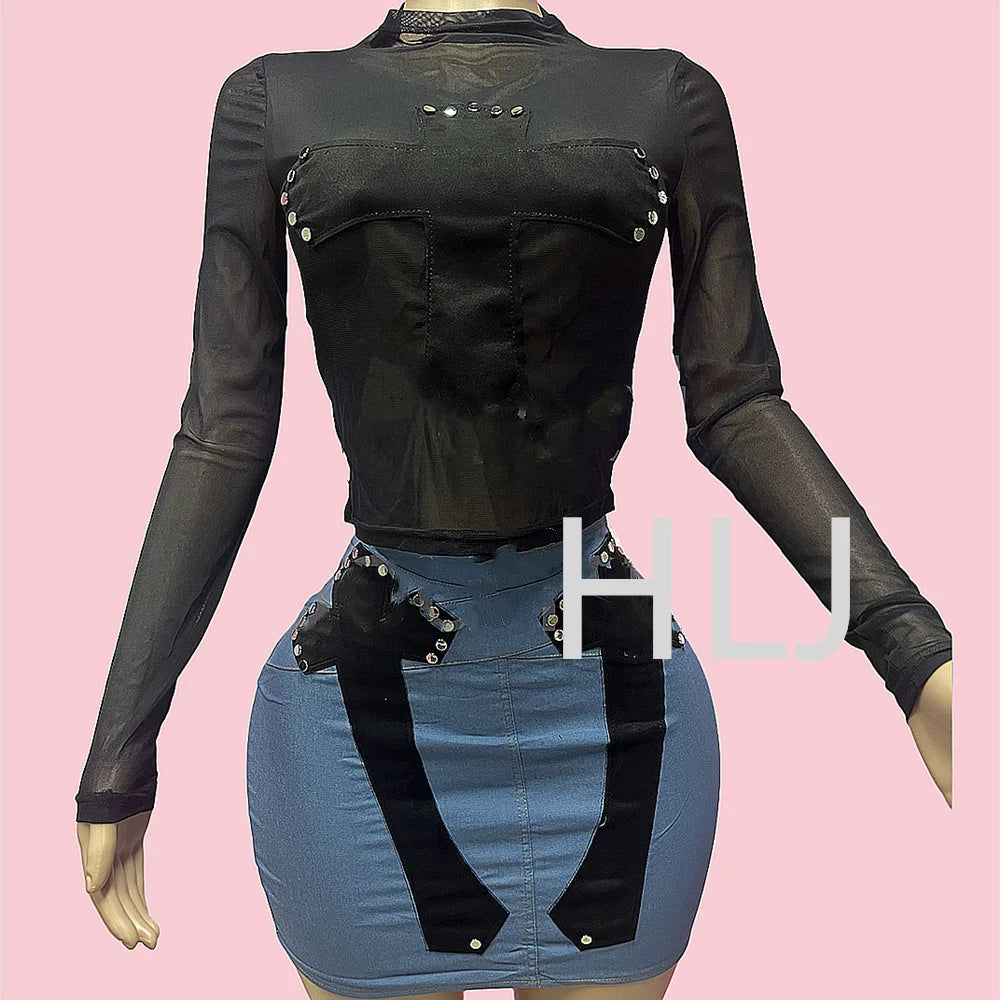 Black Sexy New Mesh Embroidery Perspective Two Piece Sets Women Round Neck Long Sleeve Slim Crop Top And Mini Skirts Outfits