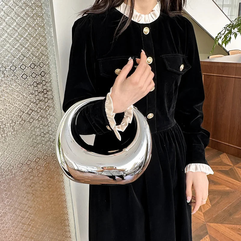 Golden Evening Handbag For Women PVC Wrist Bag Dinner Party Wedding Round Handle Clutch Purse 2024 Luxury Designer Handbag