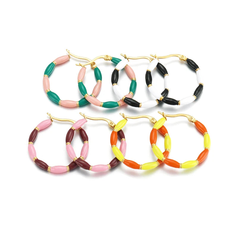 1 Pair Summer Candy Color Enamel Stainless Steel Big Hoop Earrings Sweet Bamboo Huggie Earring Hip Hop Jewelry Gifts for Women