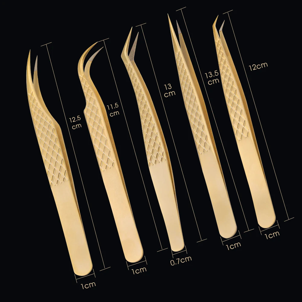 1 Pcs Eyelash Extension Tweezers With Fiber Tips Golden Stainless Steel High Precision Tweezer for Volume Fans Makeup Tools