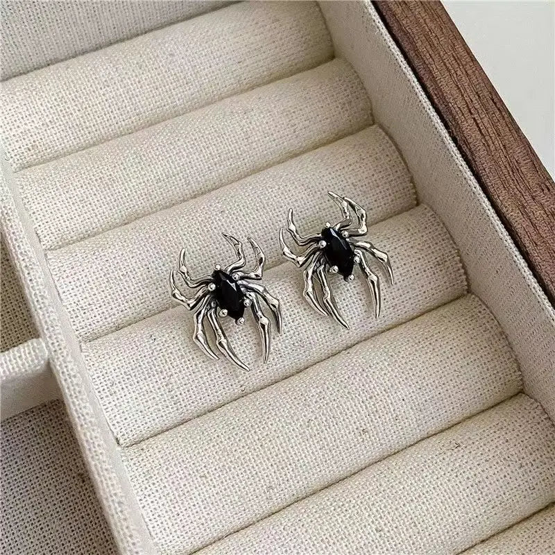 Black Enamel Spider Stud Earrings: Punk Design