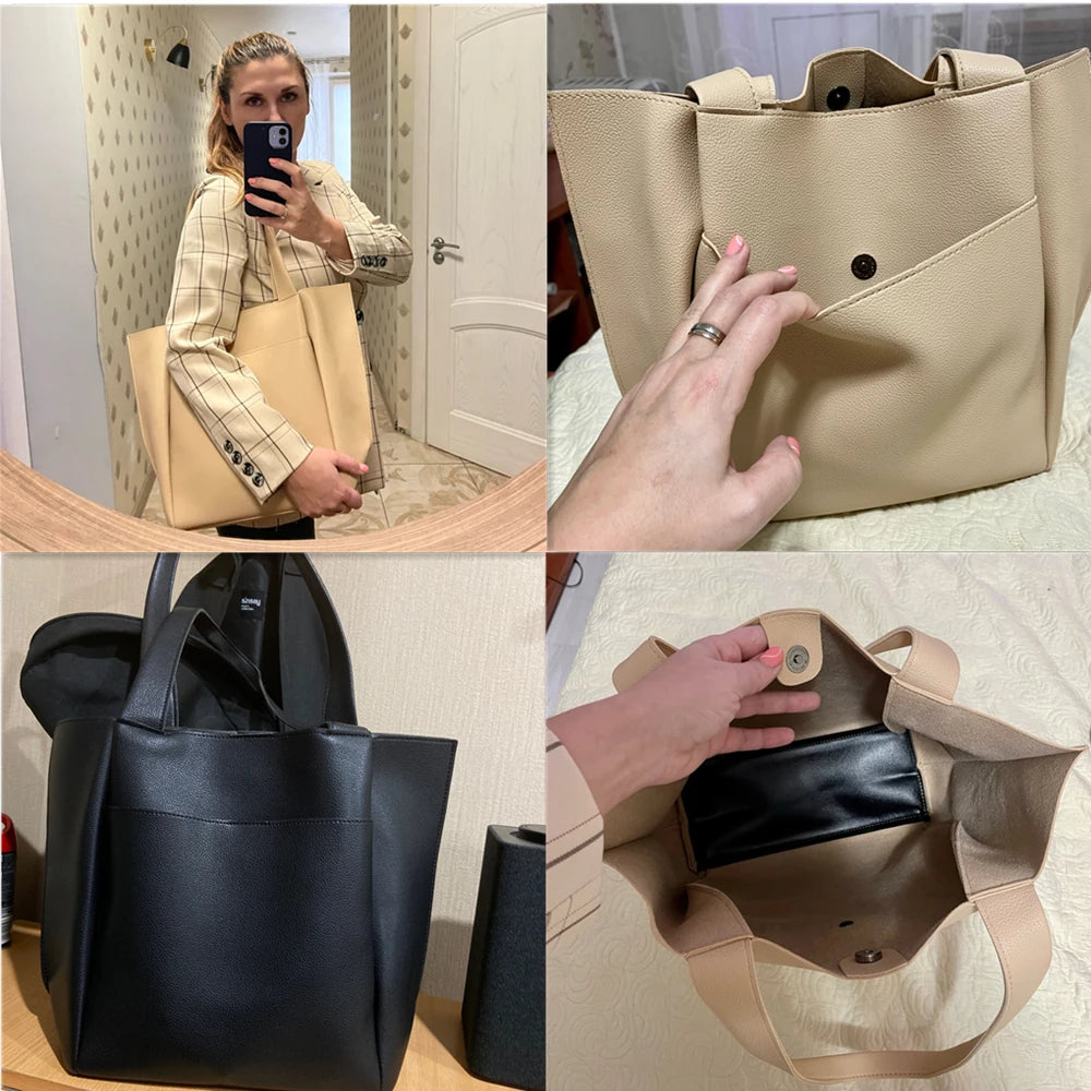 High Quality Soft Leather Woman Casual Tote Shopper Solid Color Handbags Large Capacity Single Shoulder Bag with Outer Pocket