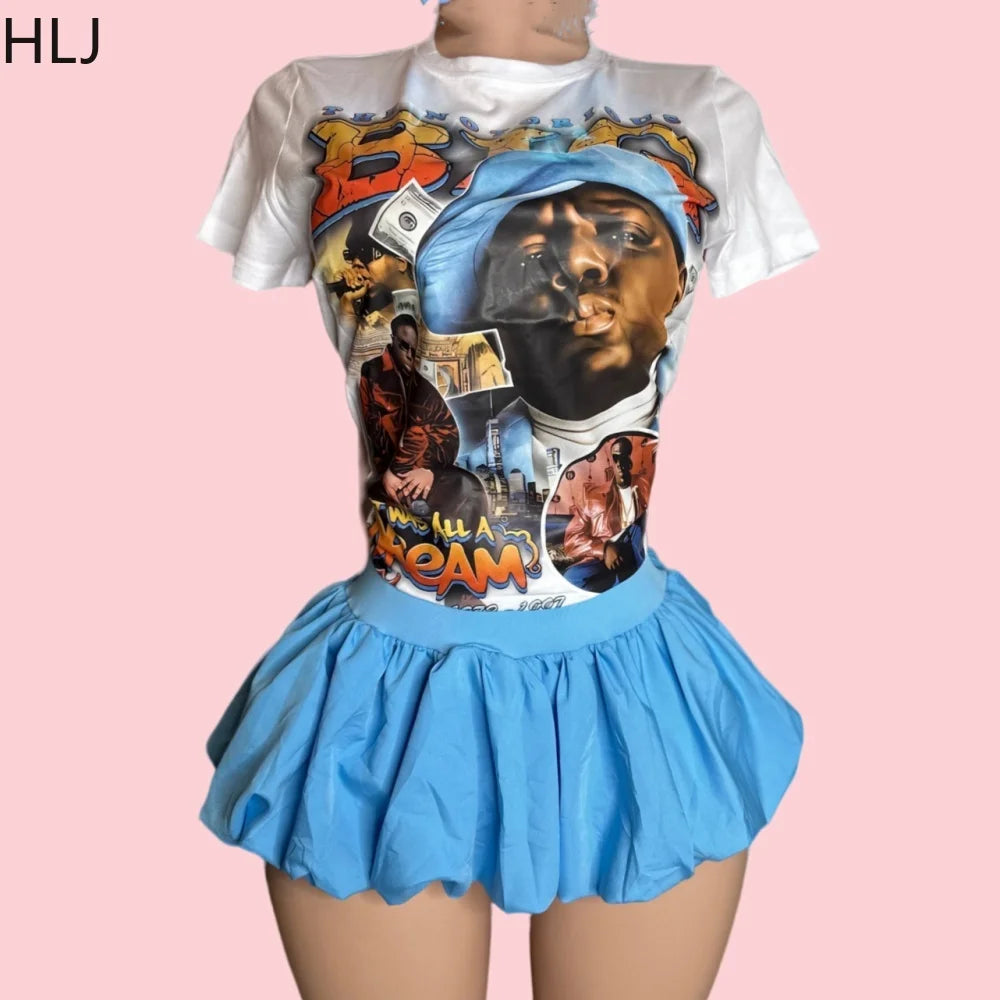 Grafitic Printing Tshirt and Mini Puffy Skirt Two Piece Outfits Sets For Women 2024 INS trendy Baddie Bubble Skirts Sets