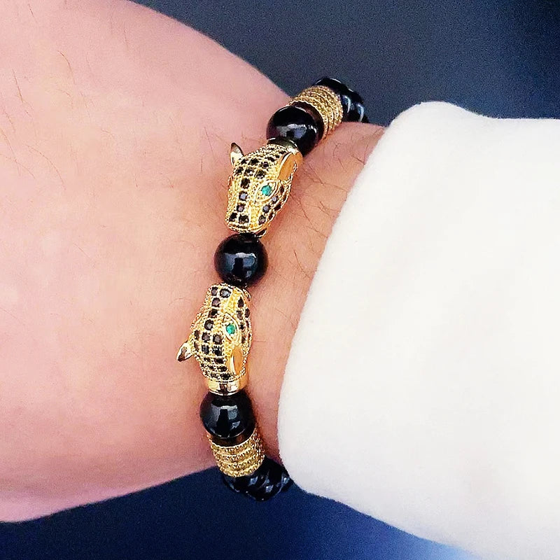 Men's Women's Black Stone Bead Bracelet Leopard Head Charms