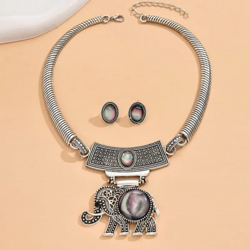 Ethnic Elephant Jewelry Set For Women Vintage Chain Charm Necklace Earrings New Fashion Bridal Party Wedding Jewelry Accessories