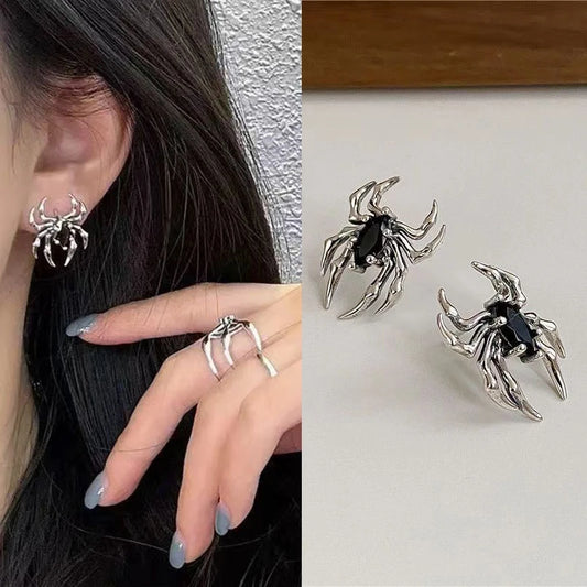 Black Enamel Spider Stud Earrings: Punk Design