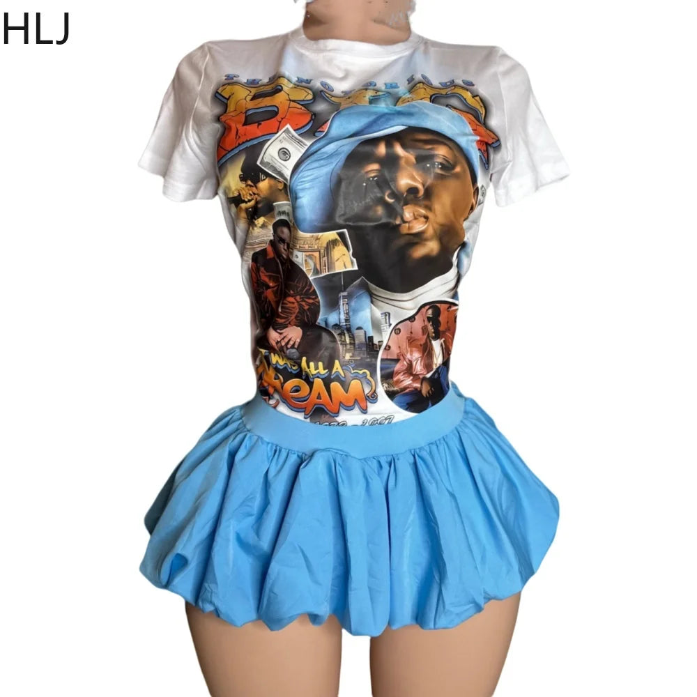 Grafitic Printing Tshirt and Mini Puffy Skirt Two Piece Outfits Sets For Women 2024 INS trendy Baddie Bubble Skirts Sets