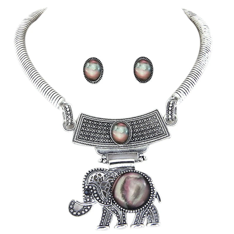 Ethnic Elephant Jewelry Set For Women Vintage Chain Charm Necklace Earrings New Fashion Bridal Party Wedding Jewelry Accessories