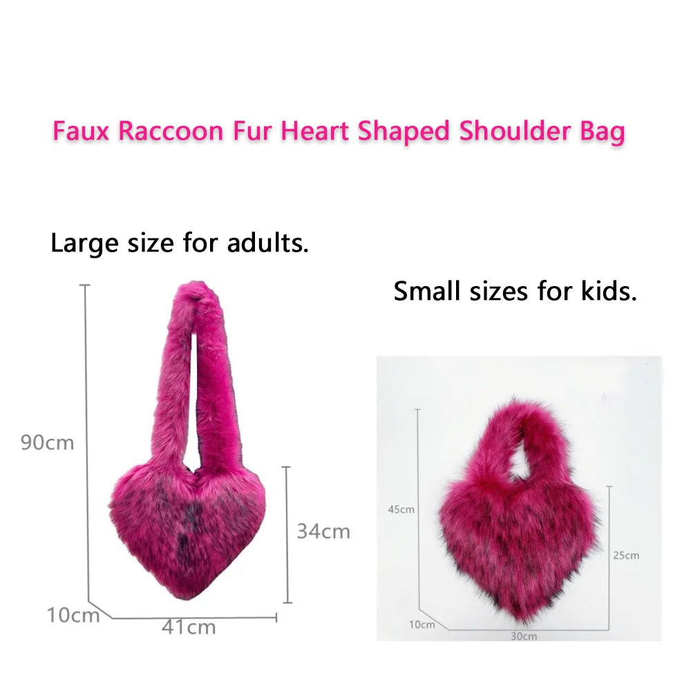 Fluffy Plush Handbags Heart Shaped Faux Raccoon Fur