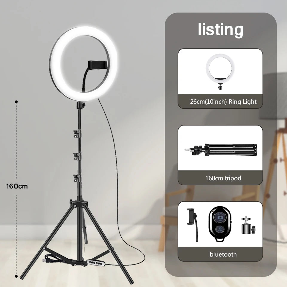 10" 26cm LED Selfie Ring Light Photography Video Light RingLight Phone Stand Tripod Fill Light Dimmable Lamp Trepied Streaming