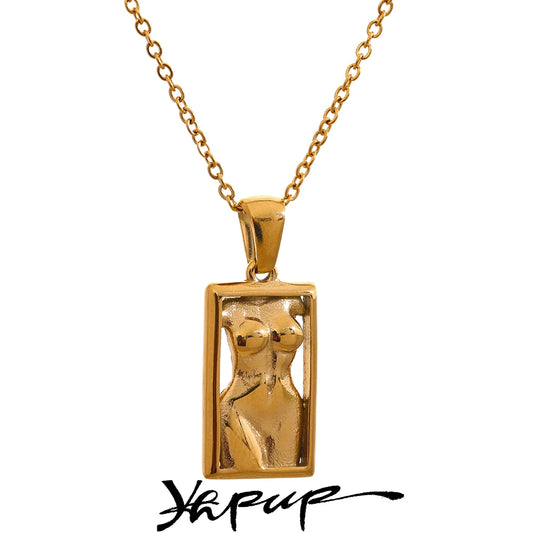 Statement Body Square Pendant Stainless Steel Statement Necklace Gold Color Texture Metal Personalized Jewelry 2023