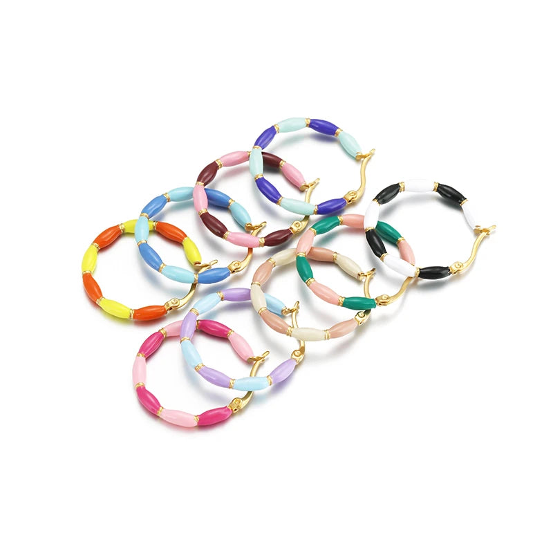 1 Pair Summer Candy Color Enamel Stainless Steel Big Hoop Earrings Sweet Bamboo Huggie Earring Hip Hop Jewelry Gifts for Women