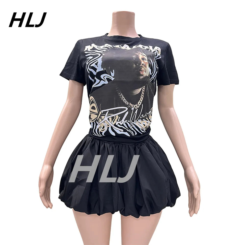 Grafitic Printing Tshirt and Mini Puffy Skirt Two Piece Outfits Sets For Women 2024 INS trendy Baddie Bubble Skirts Sets