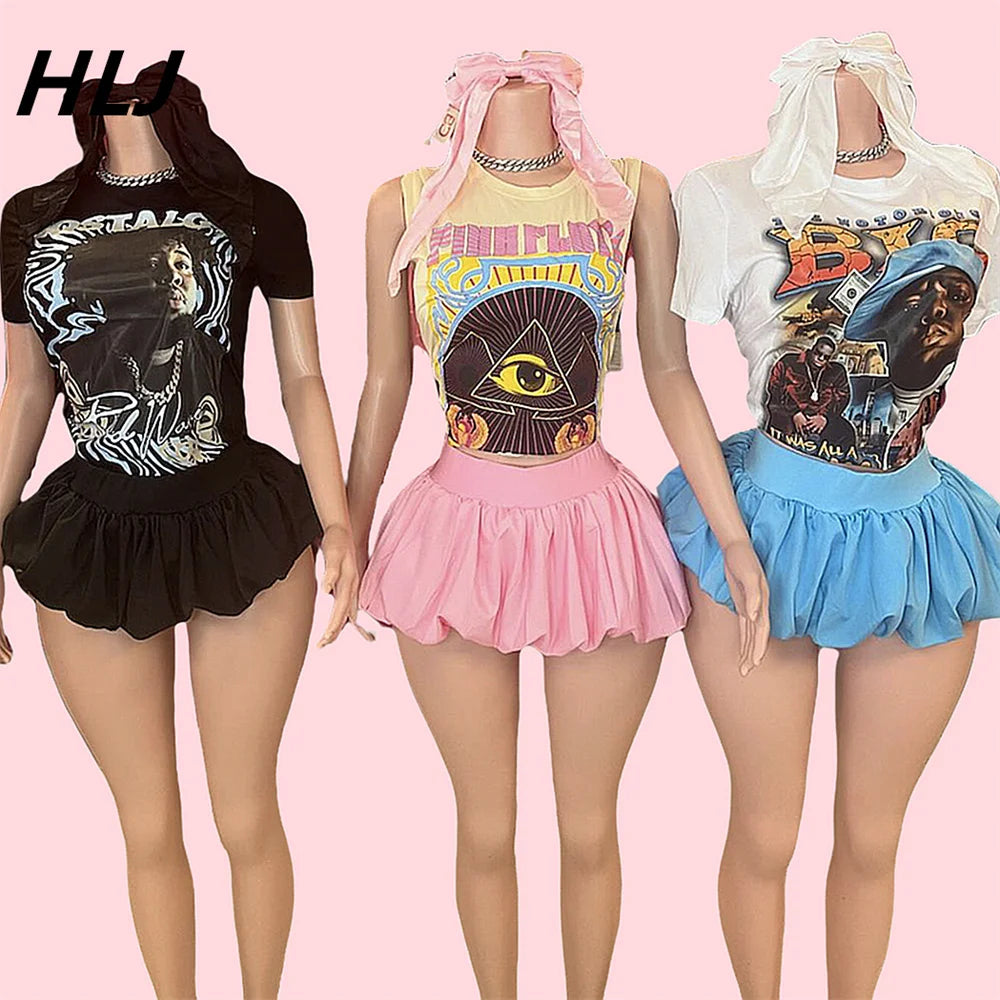 Grafitic Printing Tshirt and Mini Puffy Skirt Two Piece Outfits Sets For Women 2024 INS trendy Baddie Bubble Skirts Sets