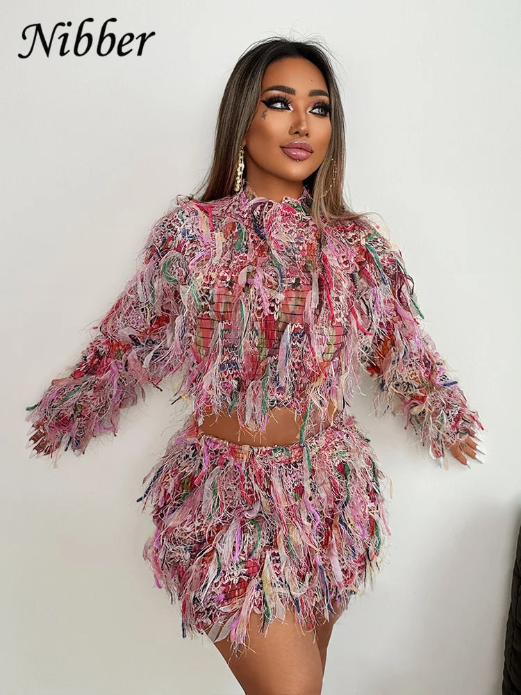 Sexy Crochet 2 Piece Set Women Y2K Colorful Tassel Long Sleeve Crop Tops+Peach Hip Skirts Midnight Matching Clubwear Suit